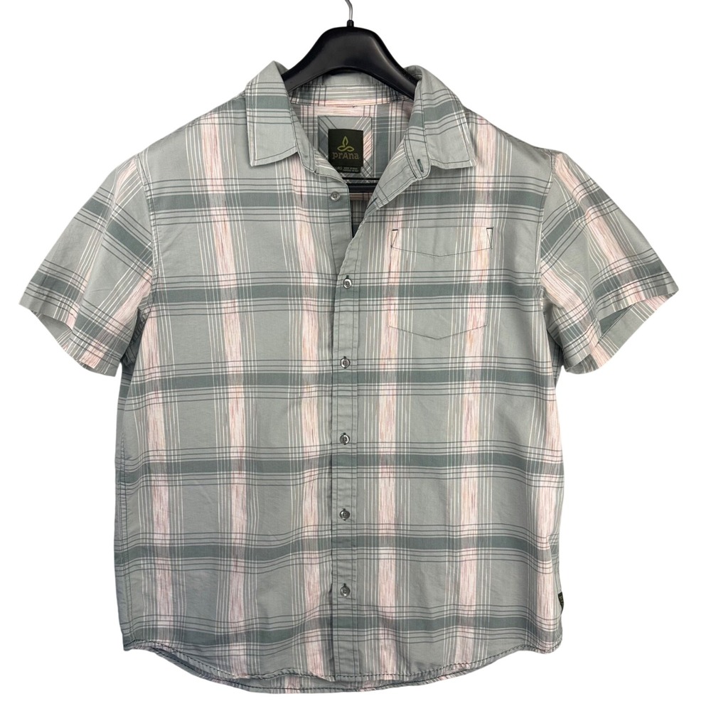 prAna Mens XL Green Plaid Short Sleeve Button Down Shirt Hiking Travel